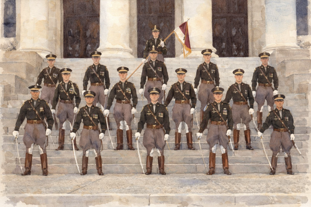 Members of the Aggie corps in uniform. Chris stands among his peers.
