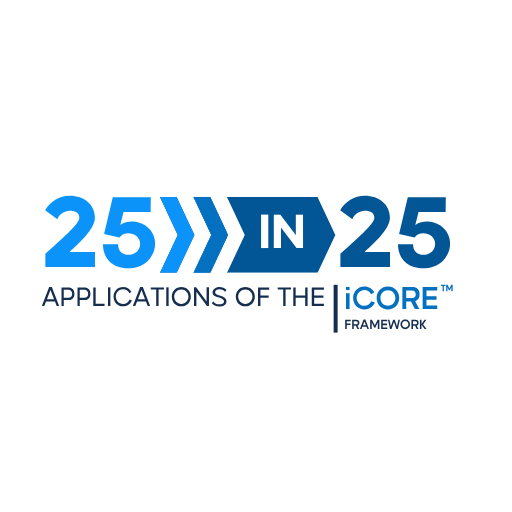 25 in 25 podcast series logo in varying shades of blue