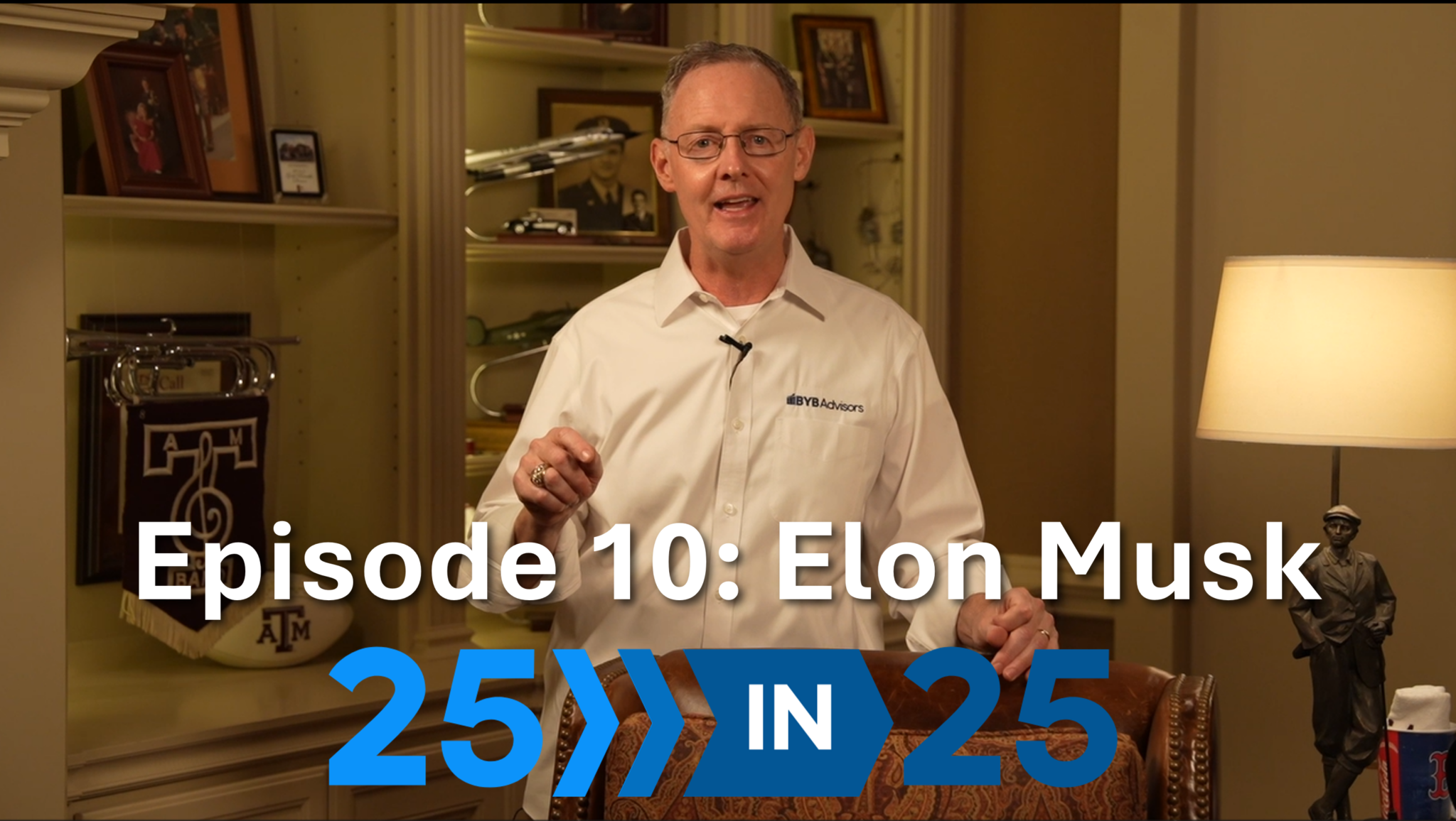 Chris stands in his study and talks about Elon Musk in the 25 in 25 podcast series